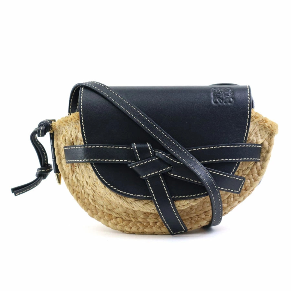 Loewe Gate Bag Crossbody Shoulder Raffia Leather Beige Black